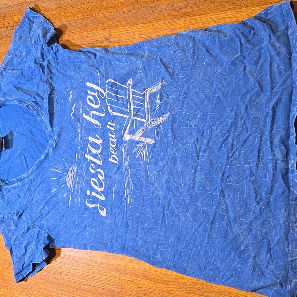 EMI Women Large Blue Fiesta Key Beach V-neck Cotton Short‎ Sleeve Fitted Shirt